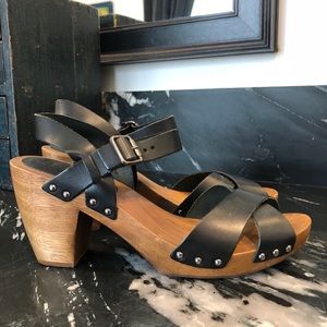 Saks 5th wooden sandal clogs black leather 9.5